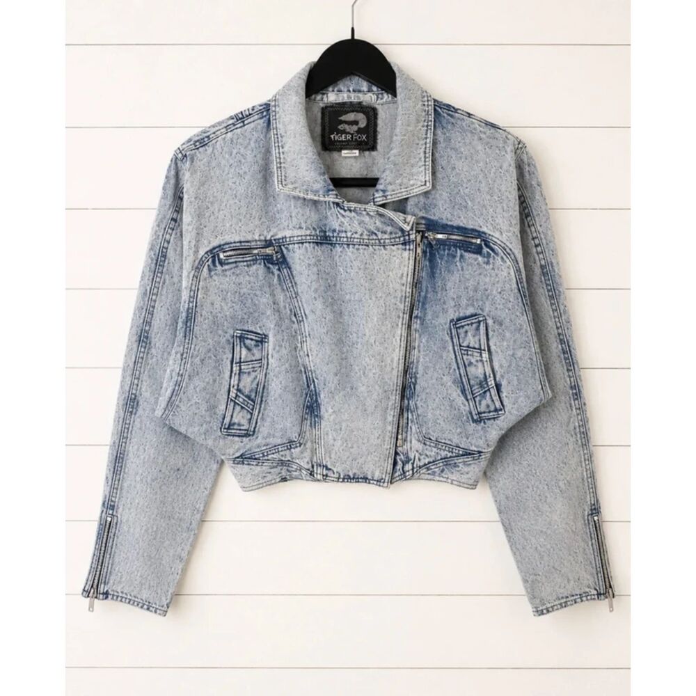 Women’s Large Vintage Tiger Fox Acid Wash Denim Moto Jacket